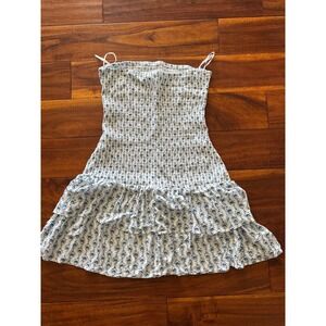 Stradivarius Smocked Floral Print Mini Dress Tiered Ruffle Straps White Blue L